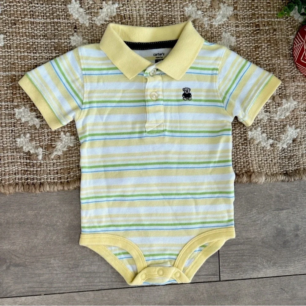 Y2K Carter’s Striped Collared Polo Outfit Teddy Bear Bodysuit 3 Months Baby Boy